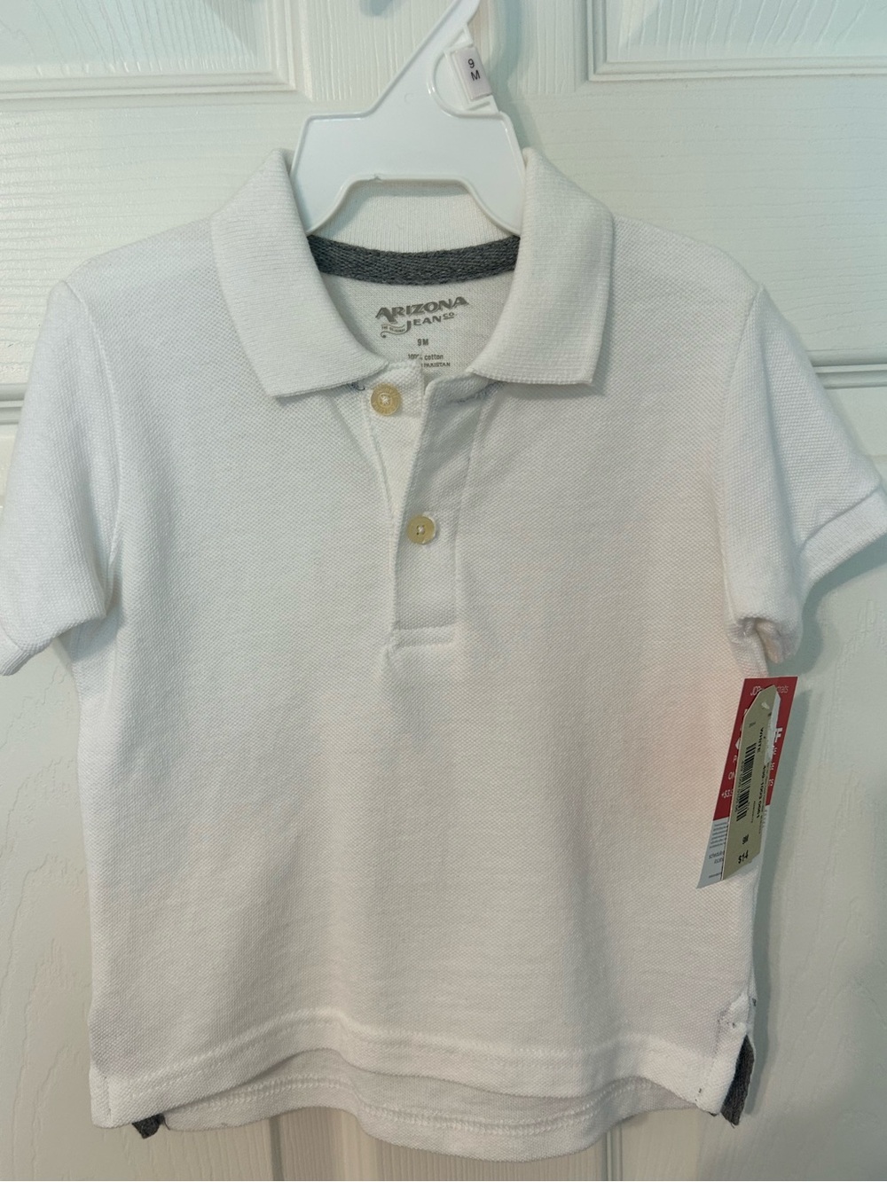 NWT! Infant Boys,Arizona Jean Company, White Polo Shirt w/Button Placket, 9 mont